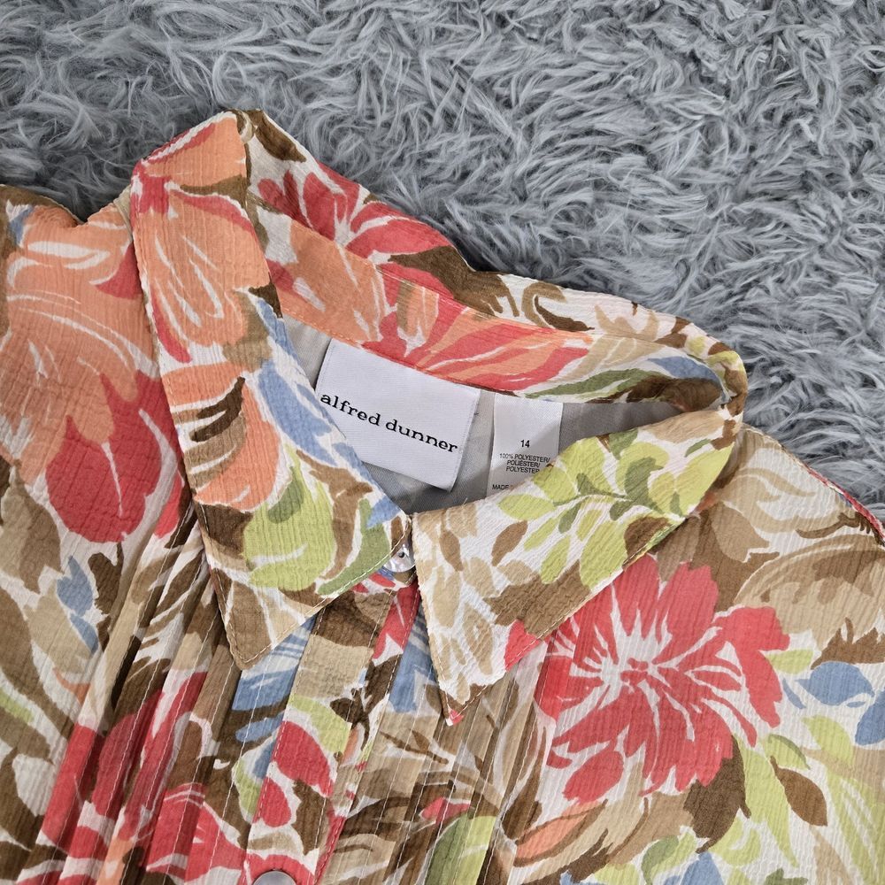 Alfred Dunner Women 14 Multicolor Floral Short Sleeve Button Front Ruffled Shirt